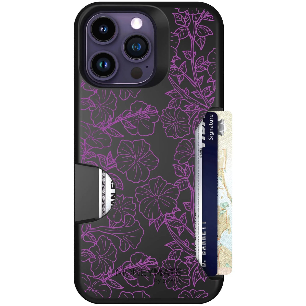 scoochzza Moneymate in Purple Petunias | Slim Wallet Case with Card Holder - iPhone 14 Pro Max Case Only