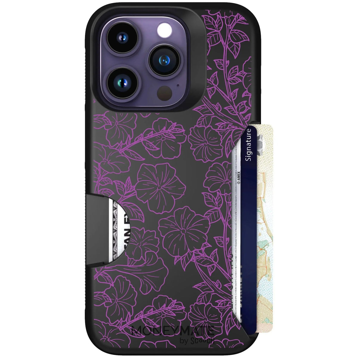 scoochzza Moneymate in Purple Petunias | Slim Wallet Case with Card Holder - iPhone 14 Pro Case Only