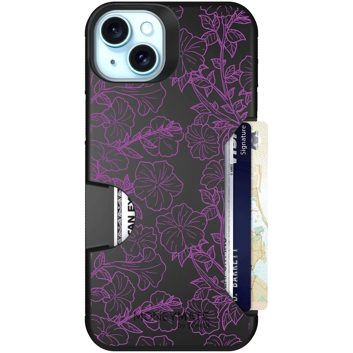 scoochzza Moneymate in Purple Petunias | Slim Wallet Case with Card Holder - iPhone 15 Plus Case Only