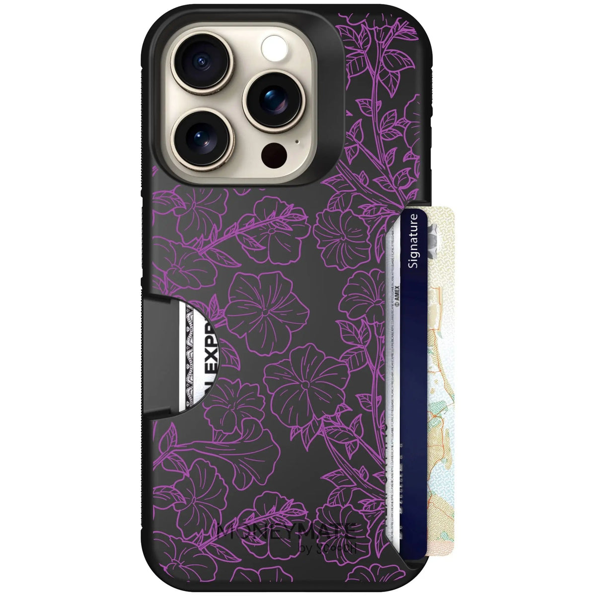 scoochzza Moneymate in Purple Petunias | Slim Wallet Case with Card Holder - iPhone 15 Pro Case Only