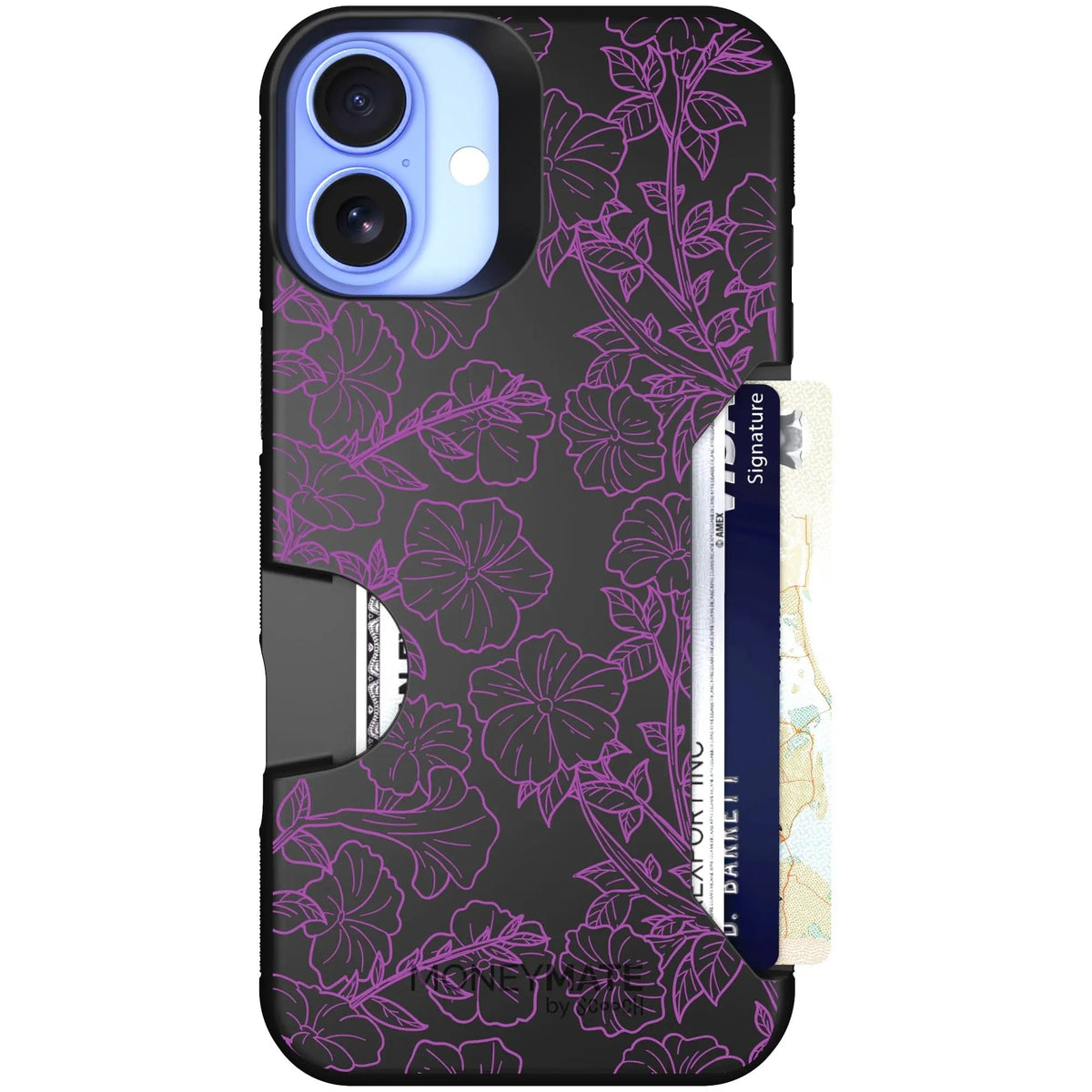scoochzza Moneymate in Purple Petunias | Slim Wallet Case with Card Holder - iPhone 16 Plus Case Only