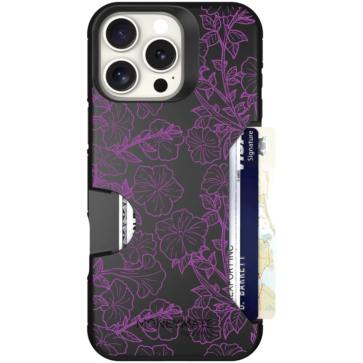 scoochzza Moneymate in Purple Petunias | Slim Wallet Case with Card Holder - iPhone 16 Pro Max Case Only