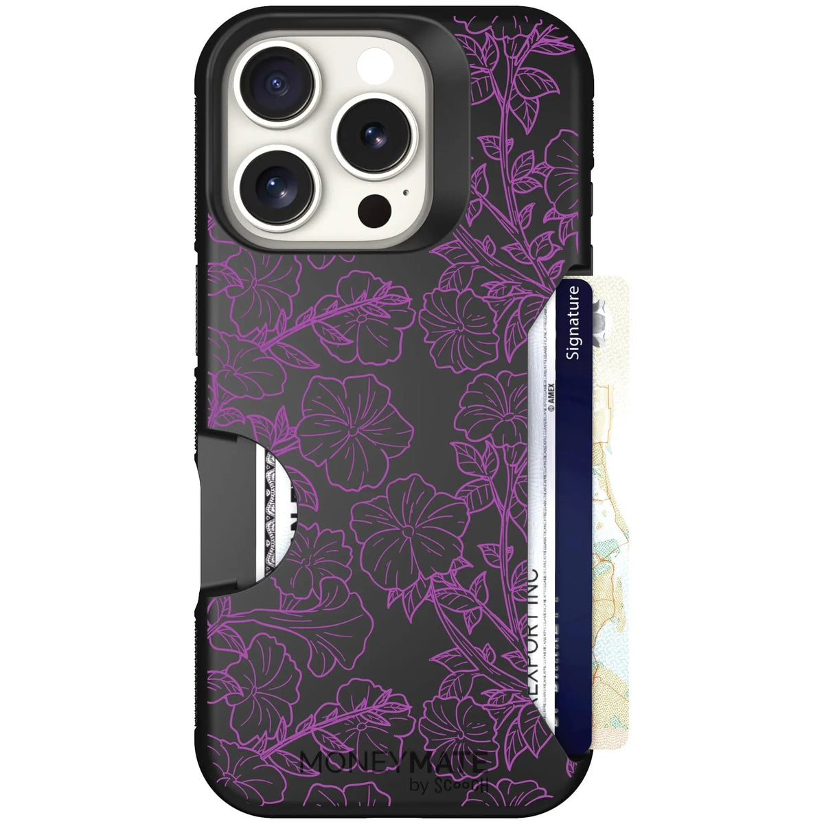 scoochzza Moneymate in Purple Petunias | Slim Wallet Case with Card Holder - iPhone 16 Pro Case Only