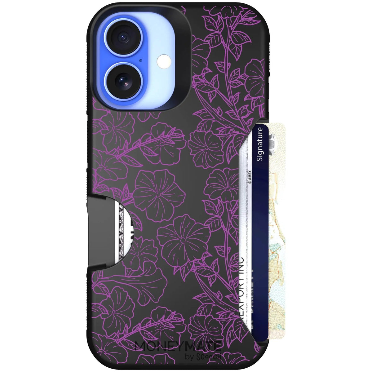 scoochzza Moneymate in Purple Petunias | Slim Wallet Case with Card Holder - iPhone 16 Case Only