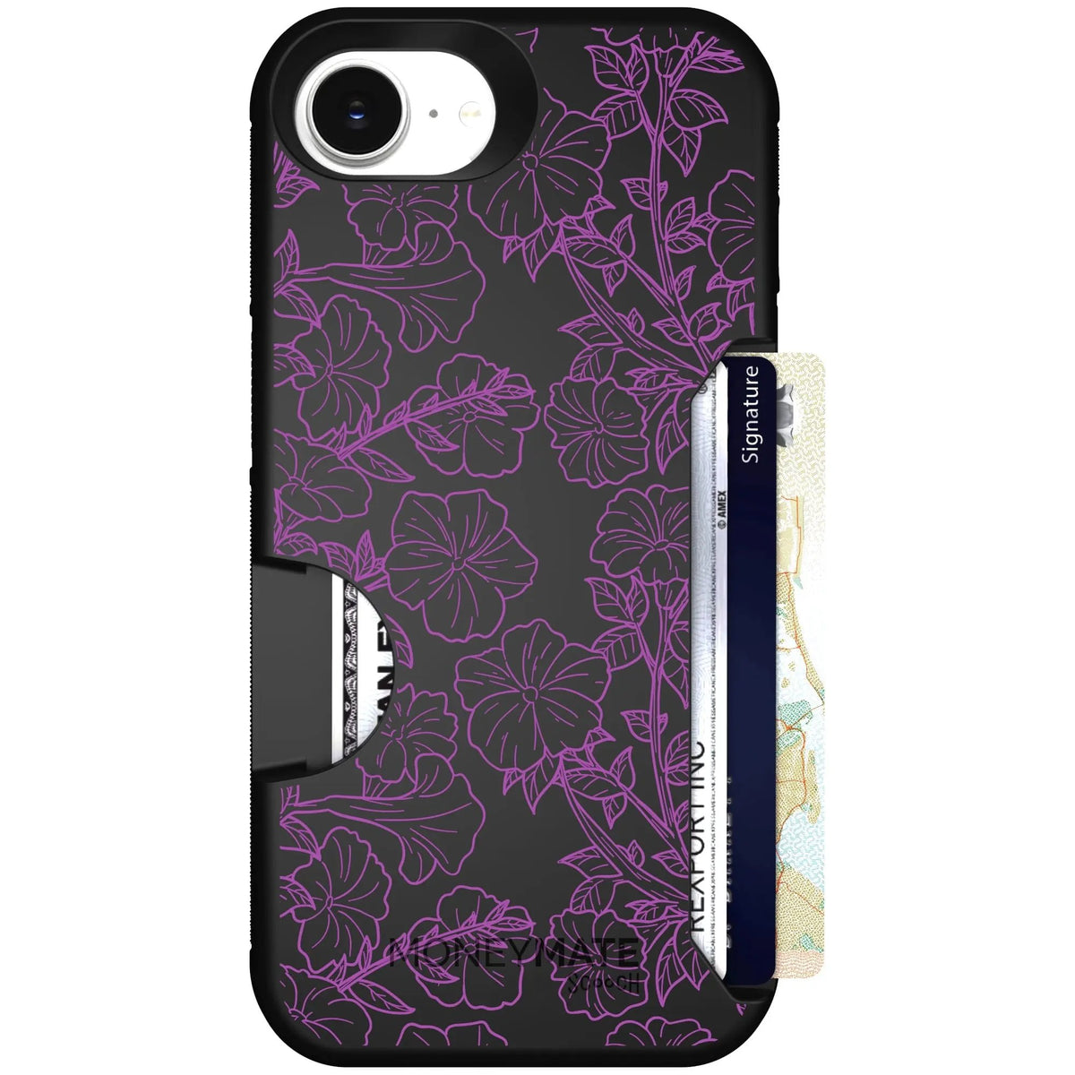 scoochzza Moneymate in Purple Petunias | Slim Wallet Case with Card Holder - iPhone 16e Case Only