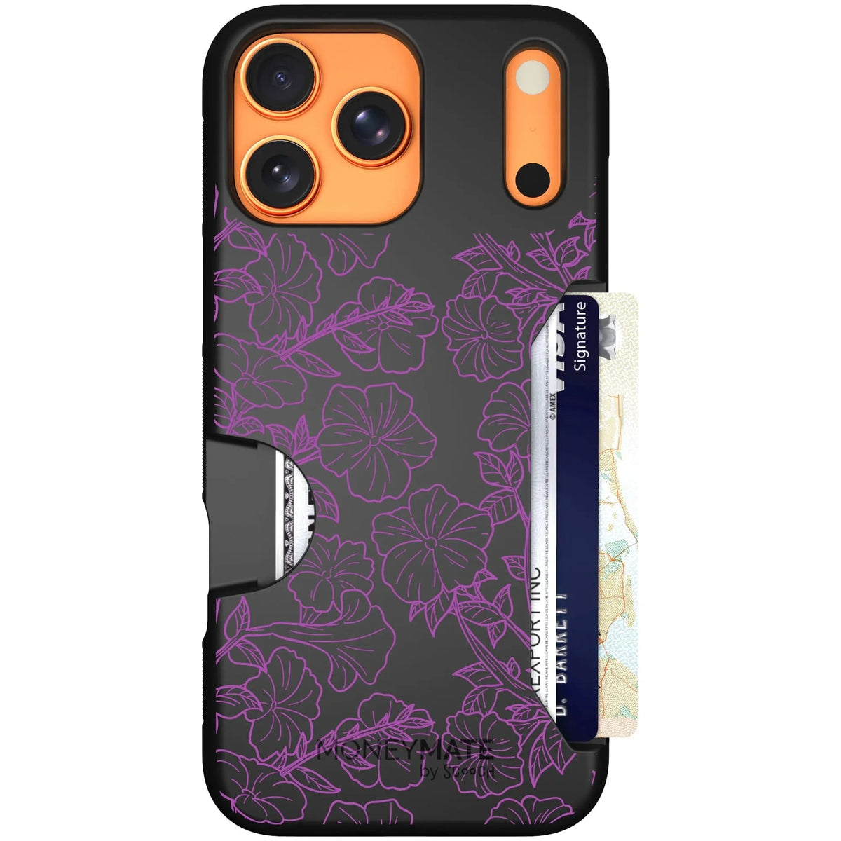 scoochzza Moneymate in Purple Petunias | Slim Wallet Case with Card Holder - iPhone 17 Pro Max Case Only