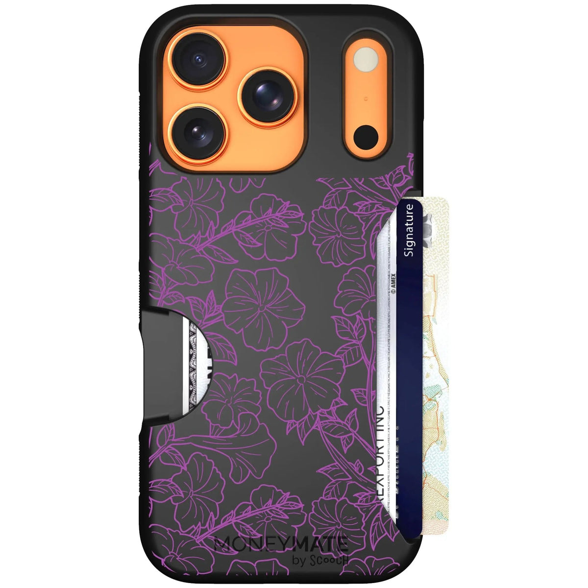 scoochzza Moneymate in Purple Petunias | Slim Wallet Case with Card Holder - iPhone 17 Pro Case Only