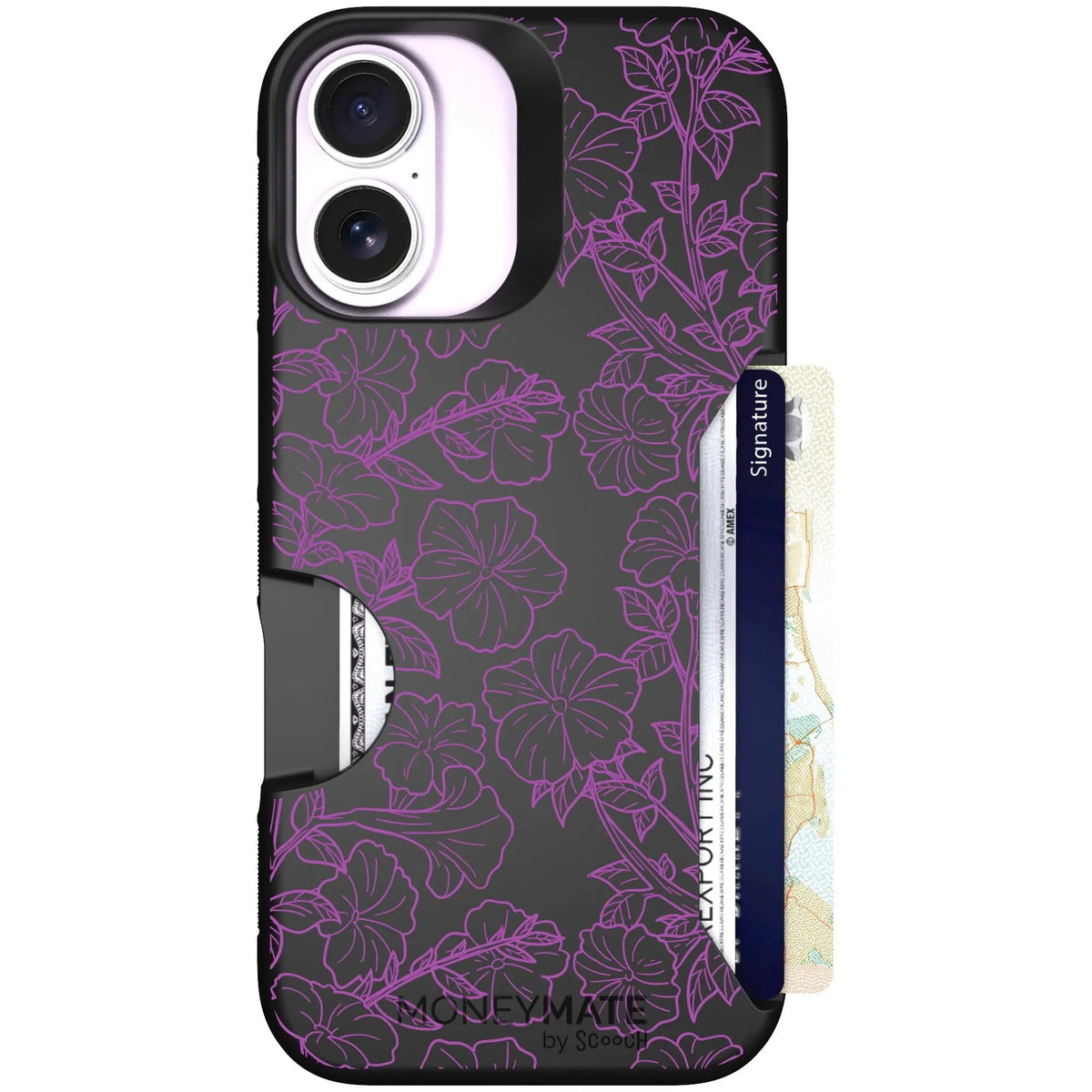 scoochzza Moneymate in Purple Petunias | Slim Wallet Case with Card Holder - iPhone 17 Case Only