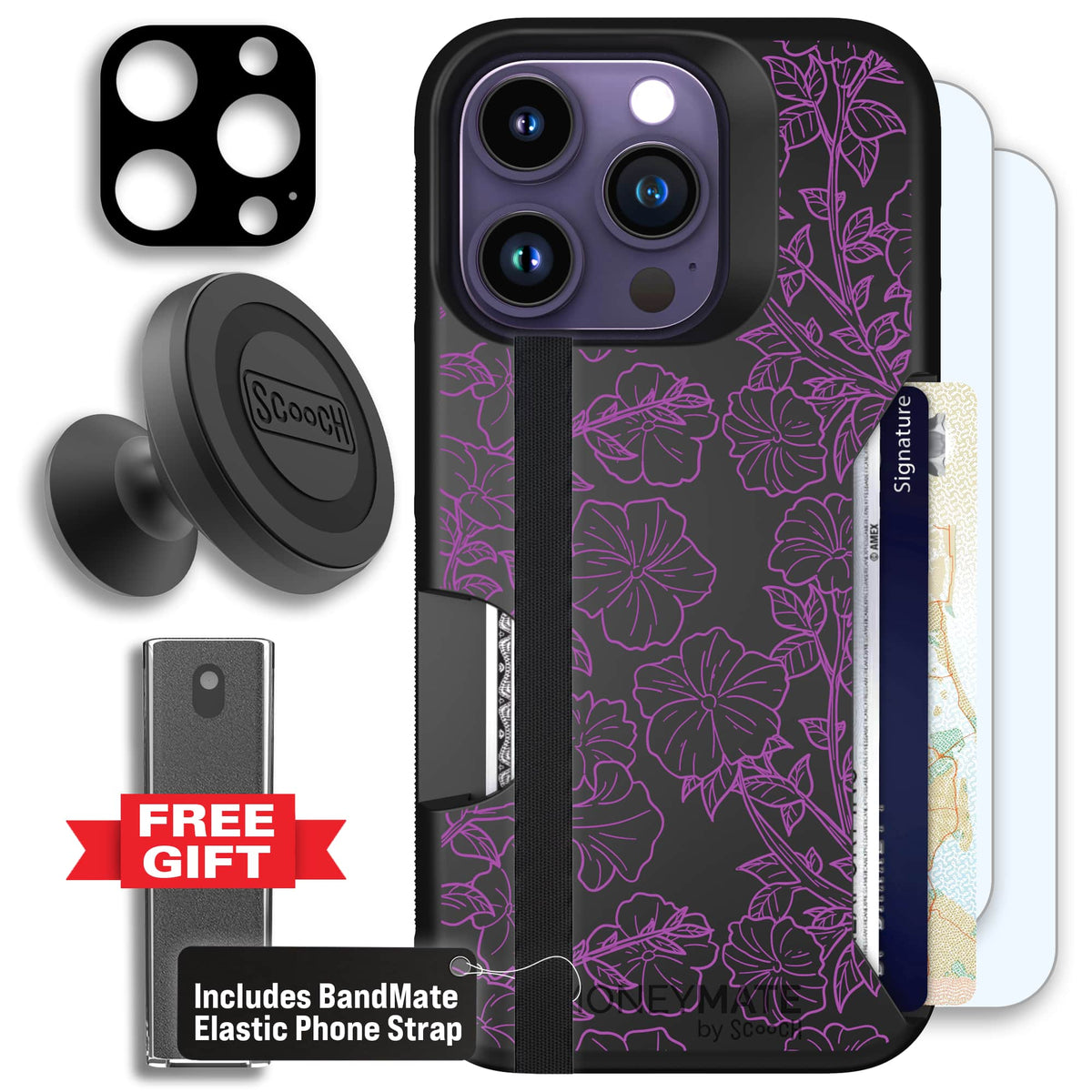 Moneymate - iPhone 14 Pro - Purple Petunias - Defender Bundle