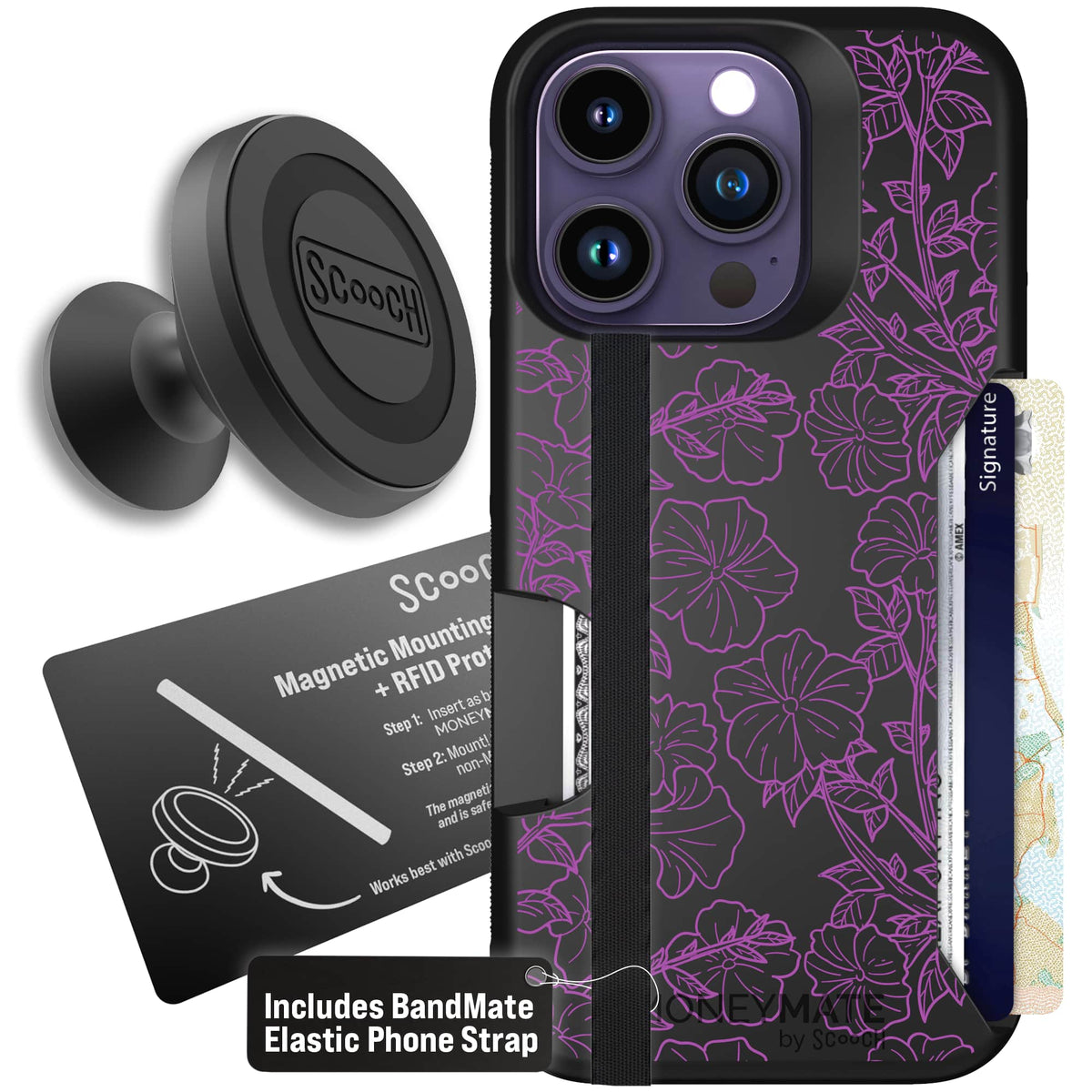 Moneymate - iPhone 14 Pro - Purple Petunias - Starter Bundle