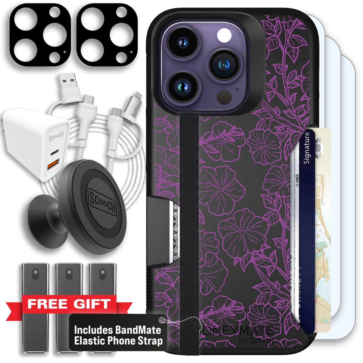 Moneymate - iPhone 14 Pro - Purple Petunias - Ultimate Bundle