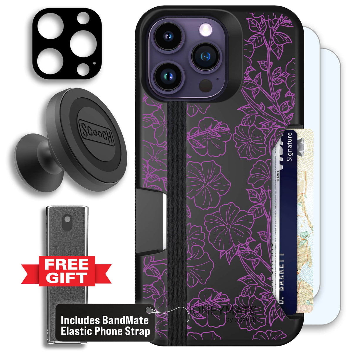 Moneymate - iPhone 14 Pro Max - Purple Petunias - Defender Bundle