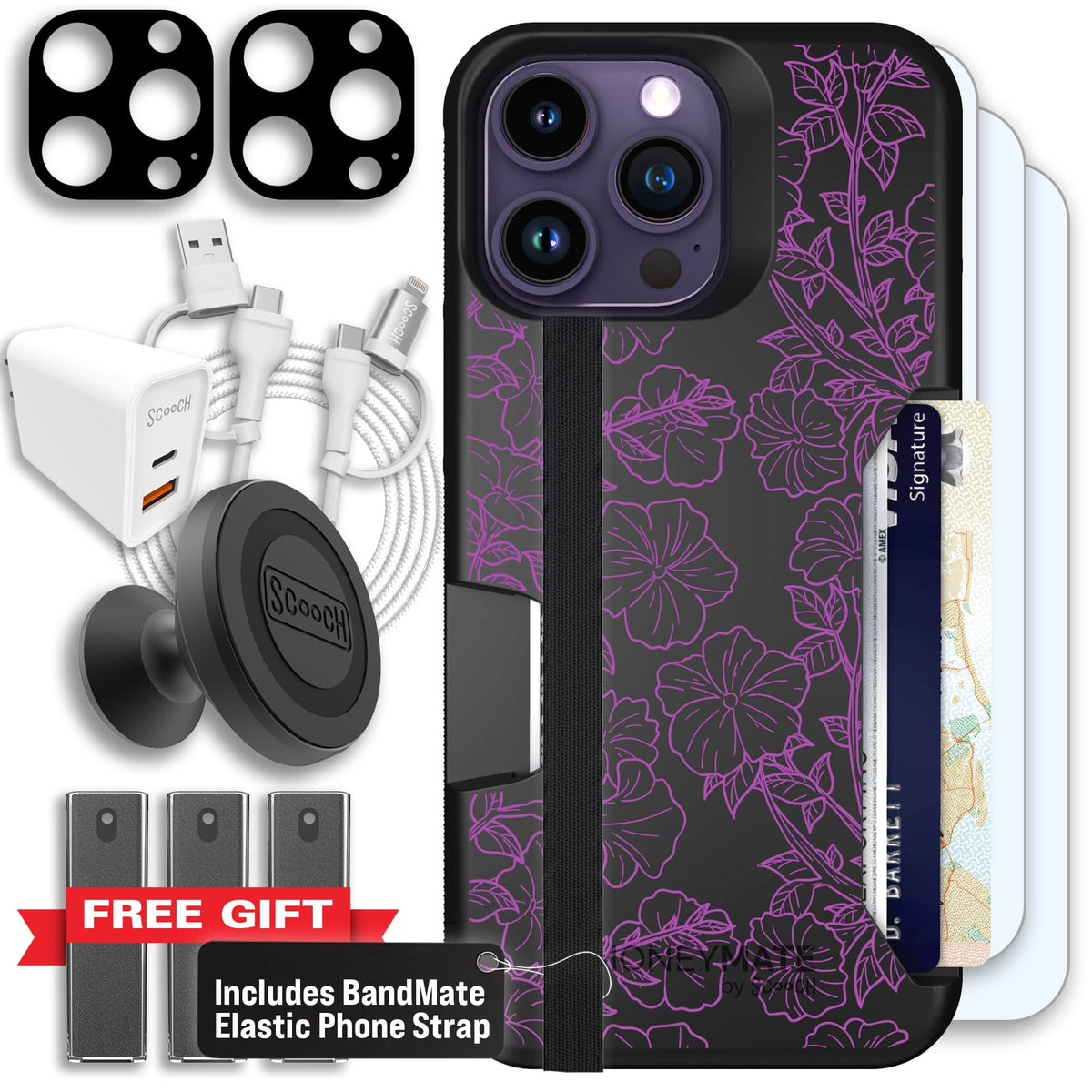 Moneymate - iPhone 14 Pro Max - Purple Petunias - Ultimate Bundle