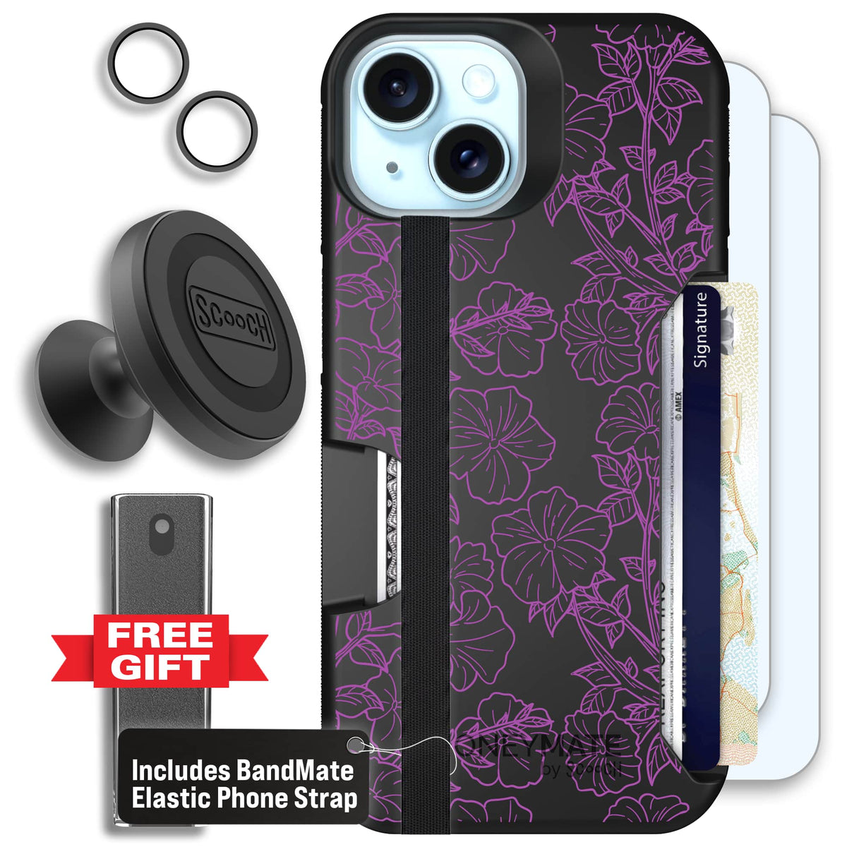 Moneymate - iPhone 15 - Purple Petunias - Defender Bundle