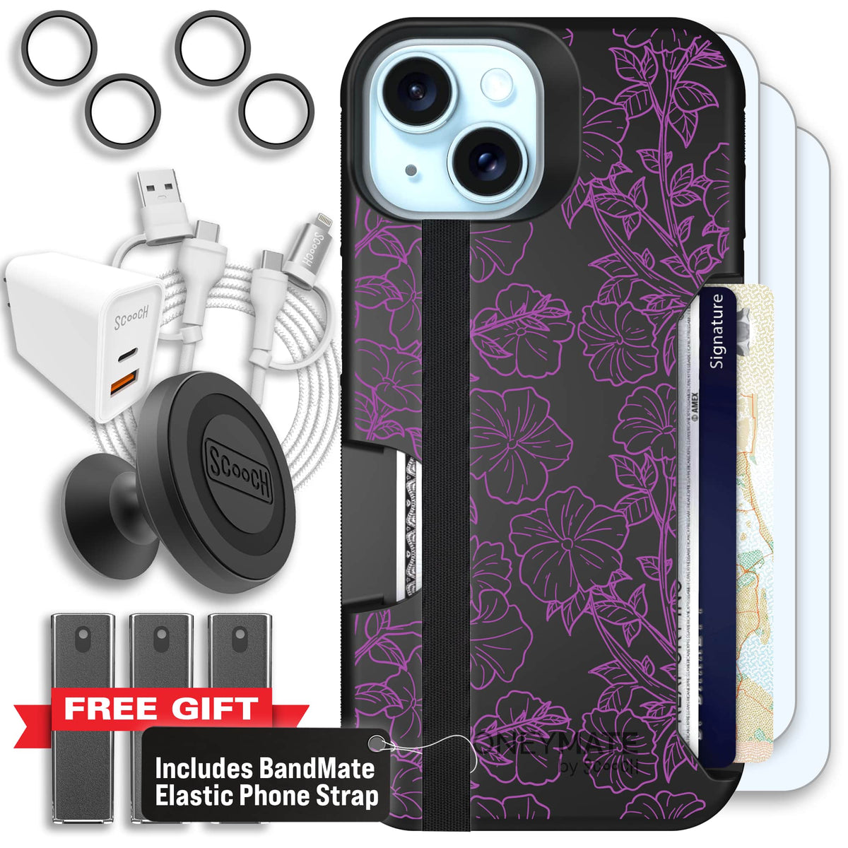 Moneymate - iPhone 15 - Purple Petunias - Ultimate Bundle