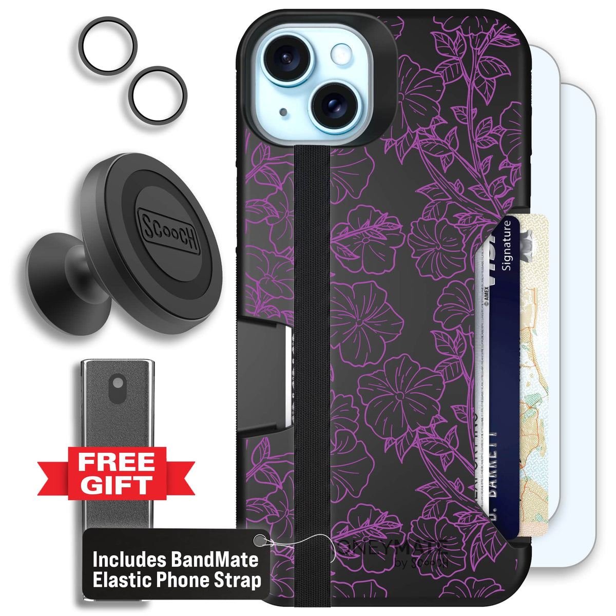 Moneymate - iPhone 15 Plus - Purple Petunias - Defender Bundle