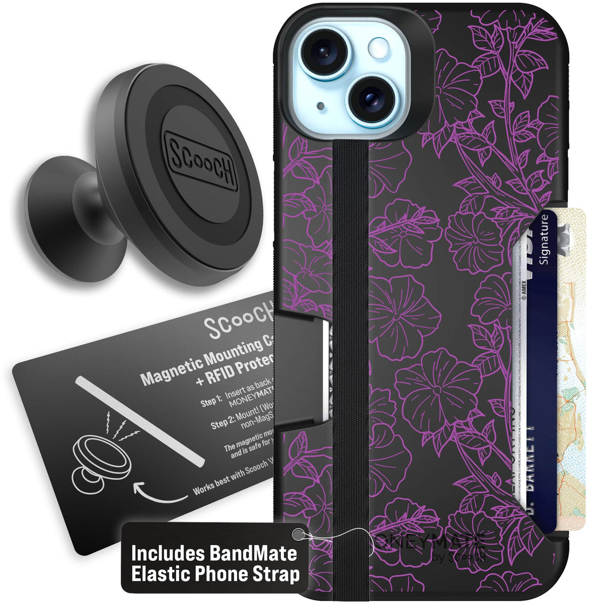 Moneymate - iPhone 15 Plus - Purple Petunias - Starter Bundle