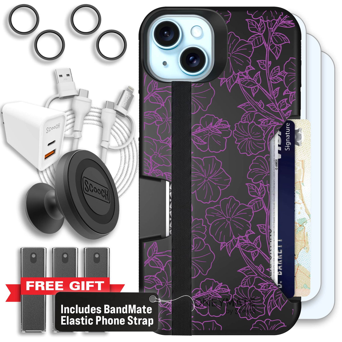 Moneymate - iPhone 15 Plus - Purple Petunias - Ultimate Bundle