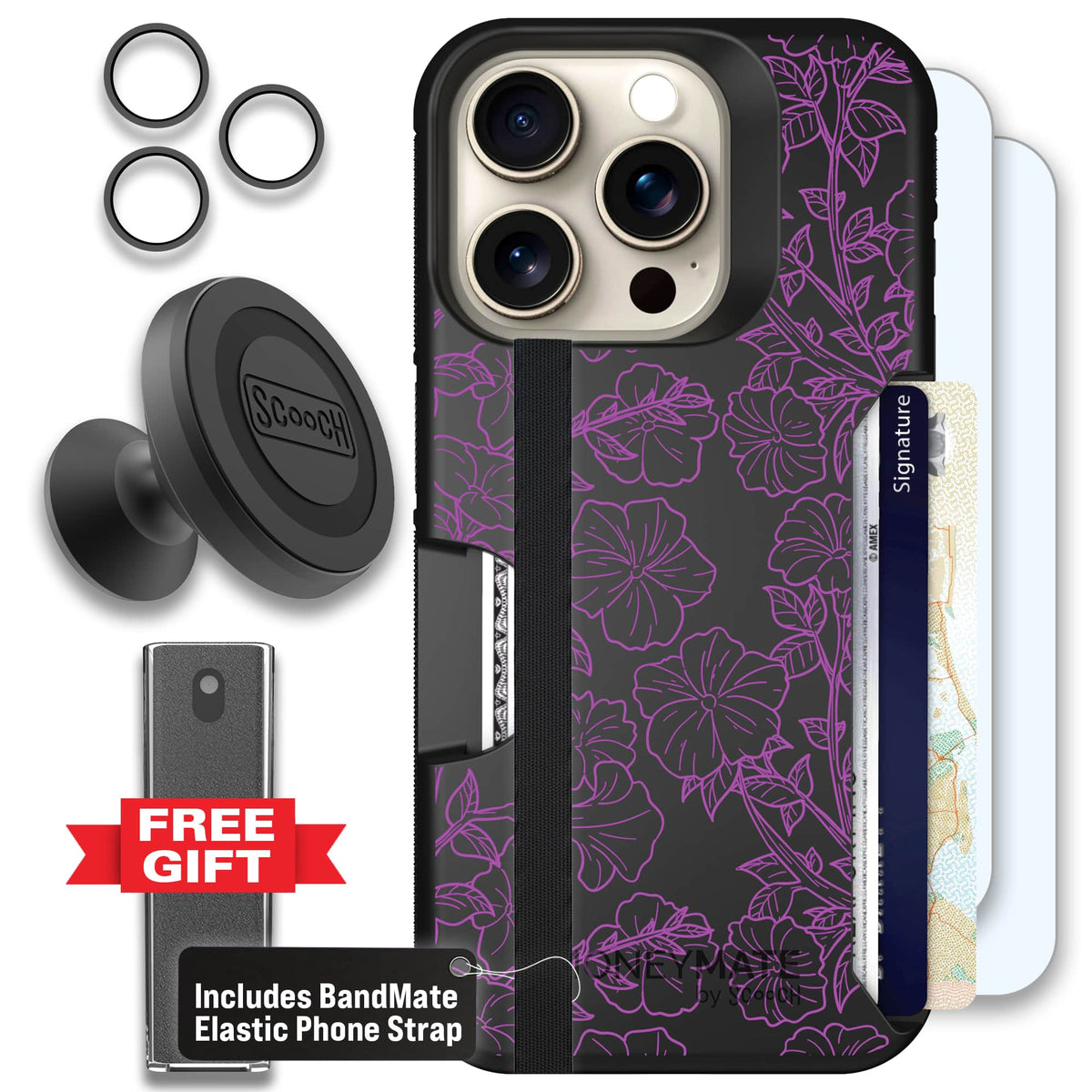 Moneymate - iPhone 15 Pro - Purple Petunias - Defender Bundle