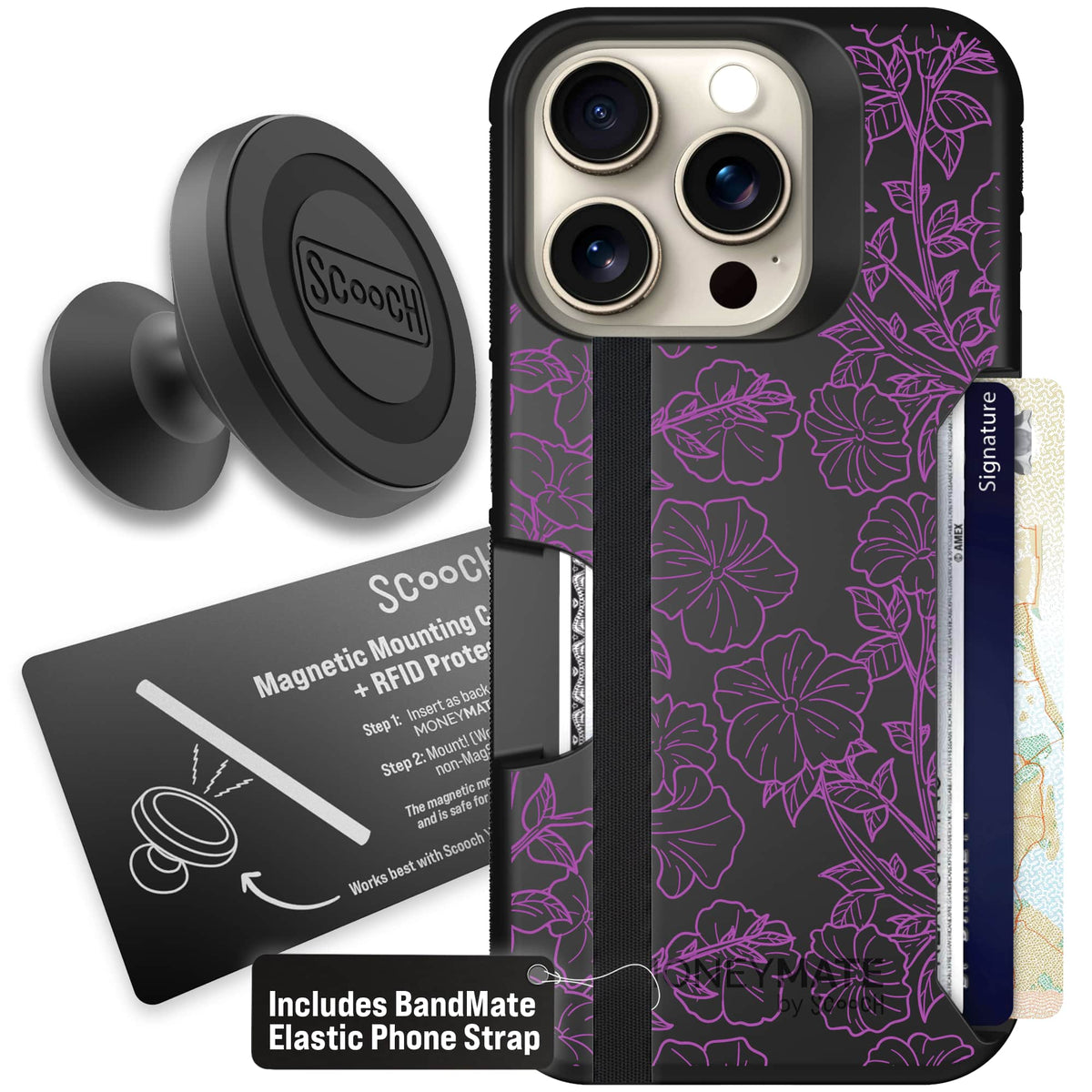 Moneymate - iPhone 15 Pro - Purple Petunias - Starter Bundle