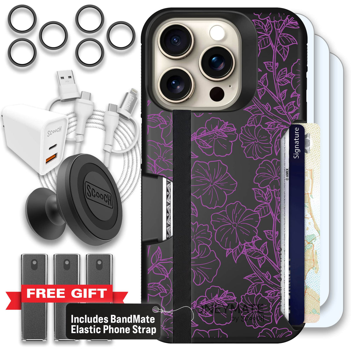 Moneymate - iPhone 15 Pro - Purple Petunias - Ultimate Bundle
