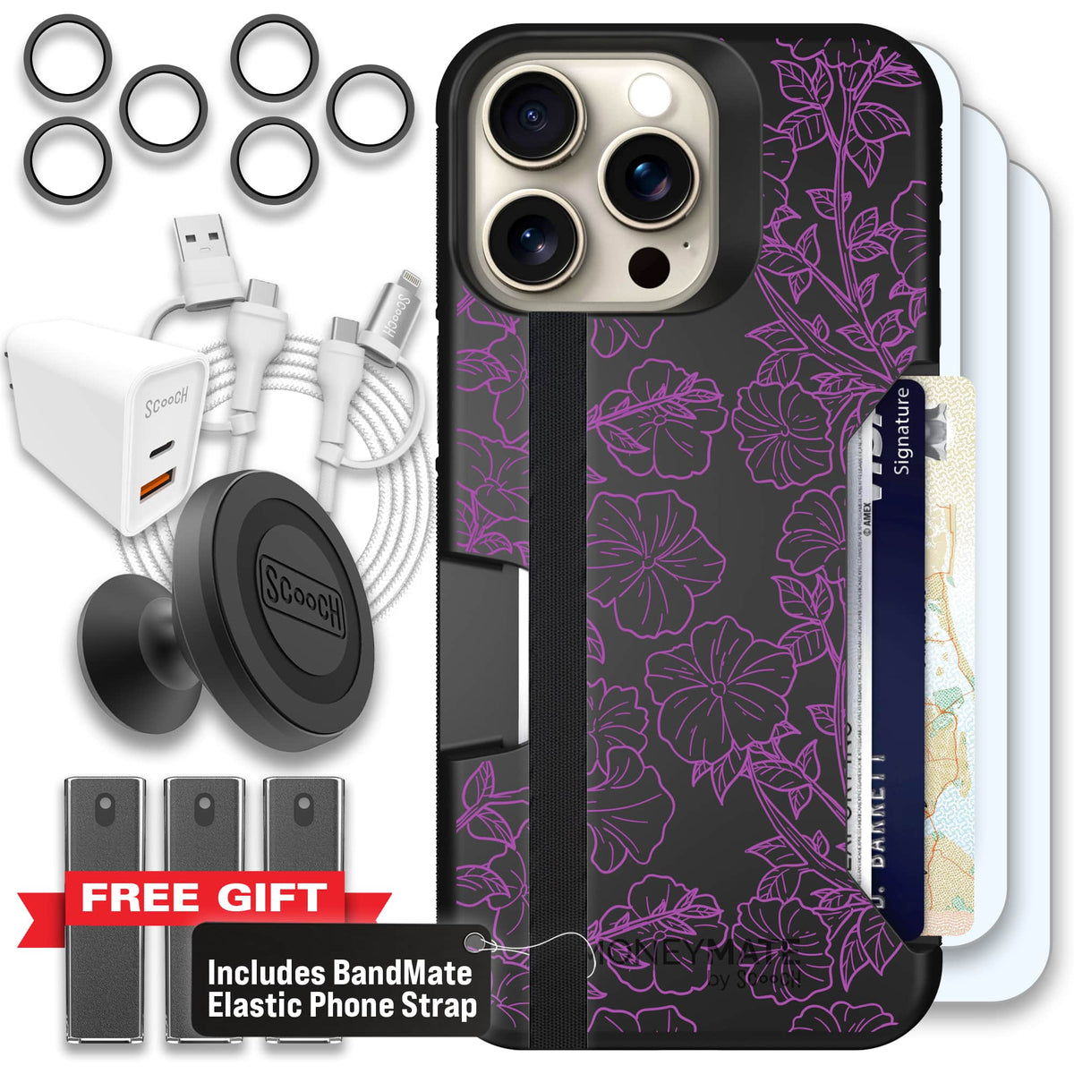 Moneymate - iPhone 15 Pro Max - Purple Petunias - Ultimate Bundle