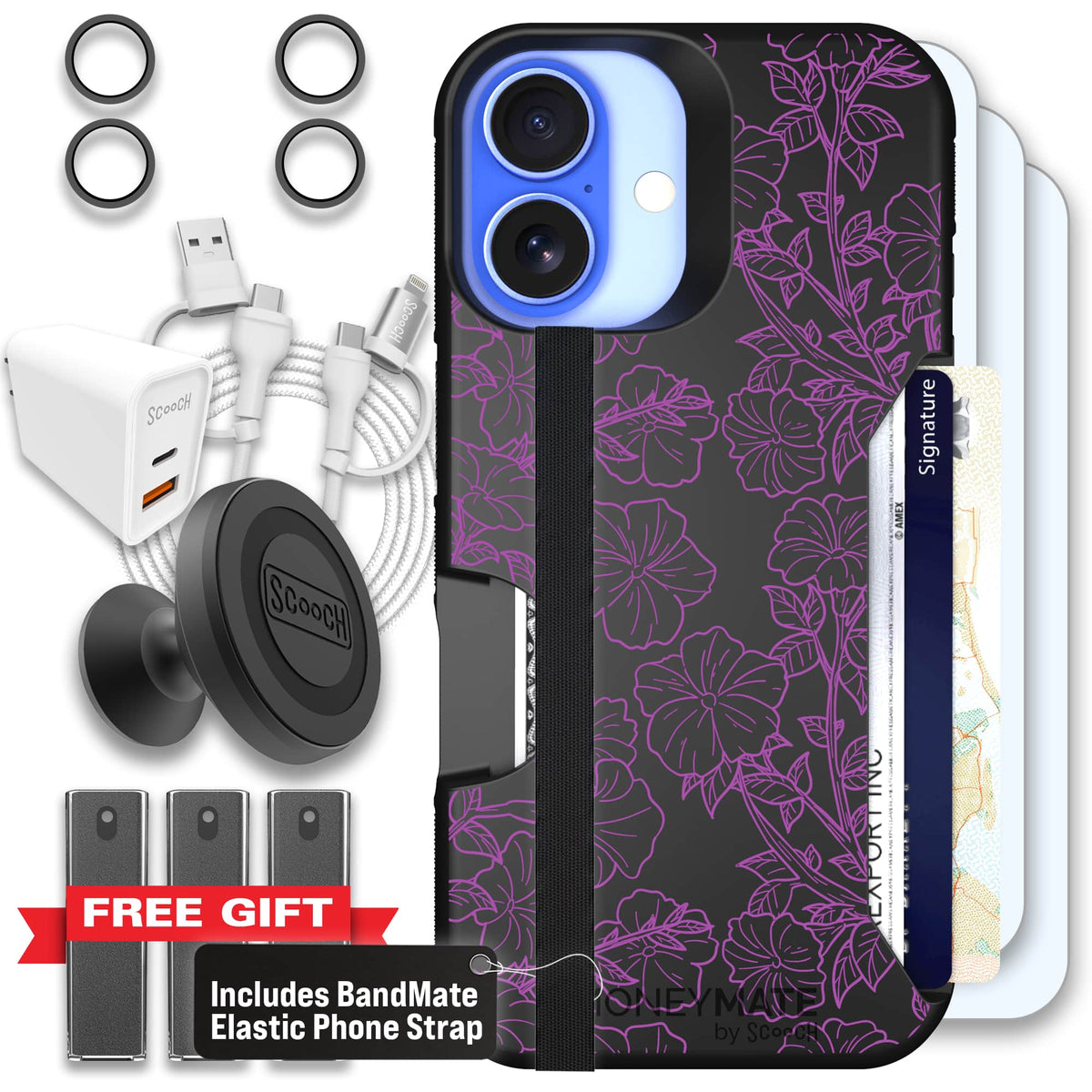 Moneymate - iPhone 16 - Purple Petunias - Ultimate Bundle