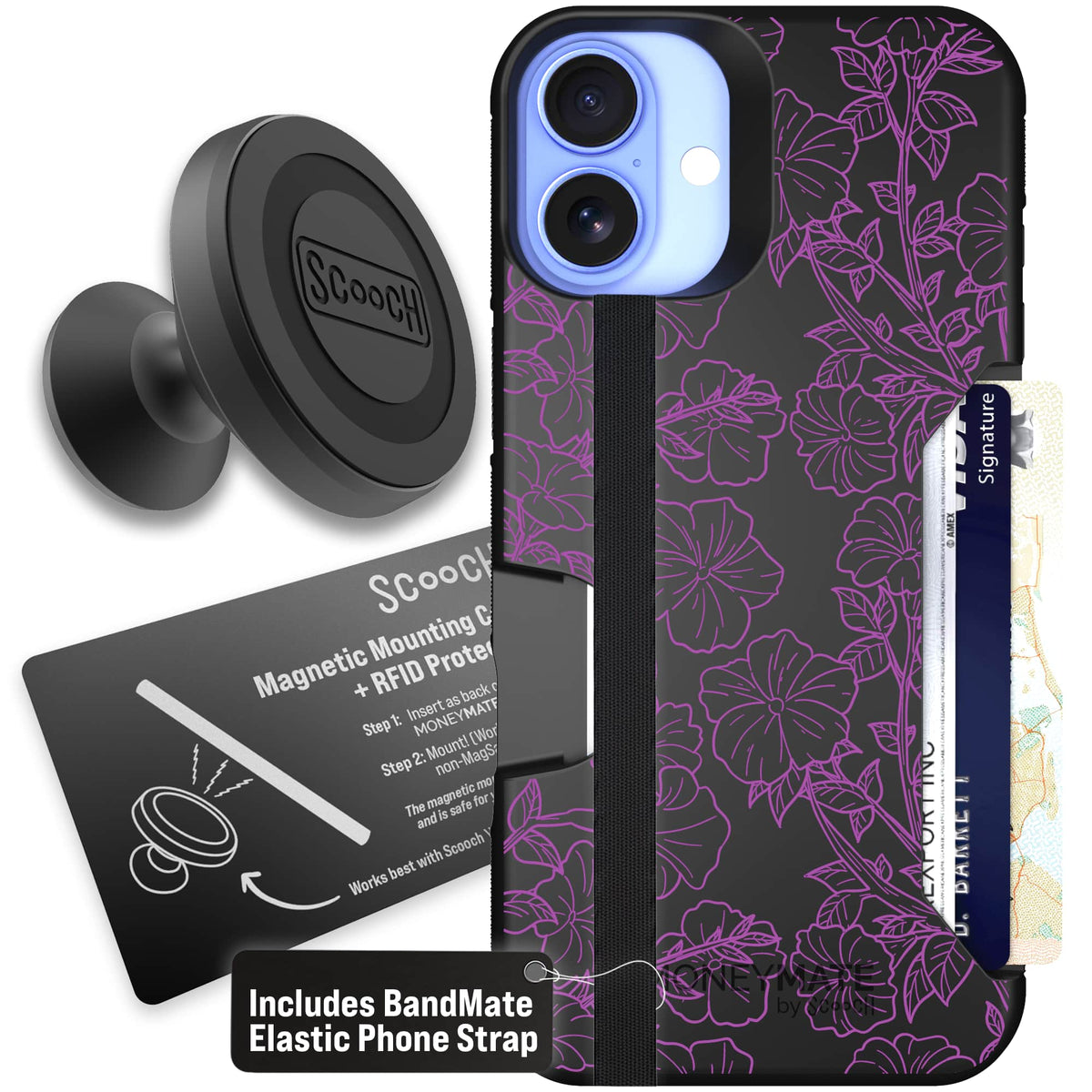Moneymate - iPhone 16 Plus - Purple Petunias - Starter Bundle