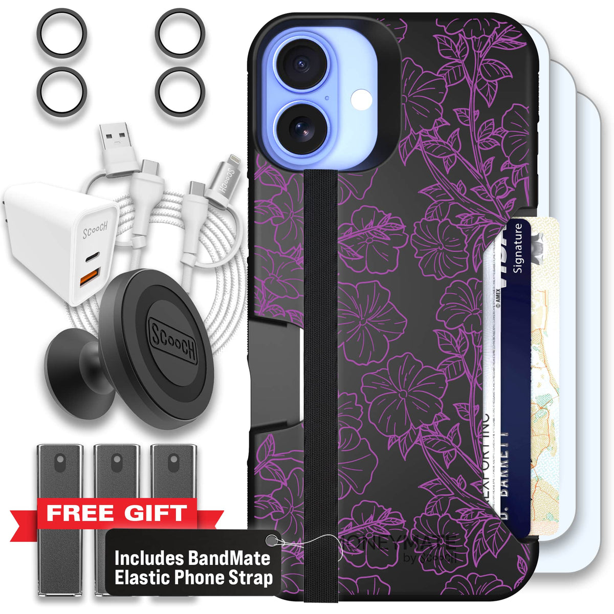 Moneymate - iPhone 16 Plus - Purple Petunias - Ultimate Bundle