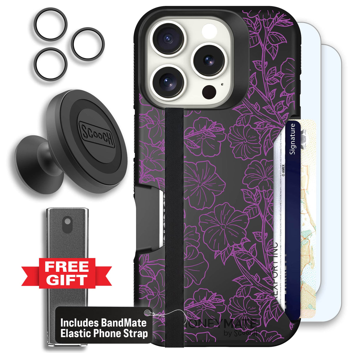 Moneymate - iPhone 16 Pro - Purple Petunias - Defender Bundle