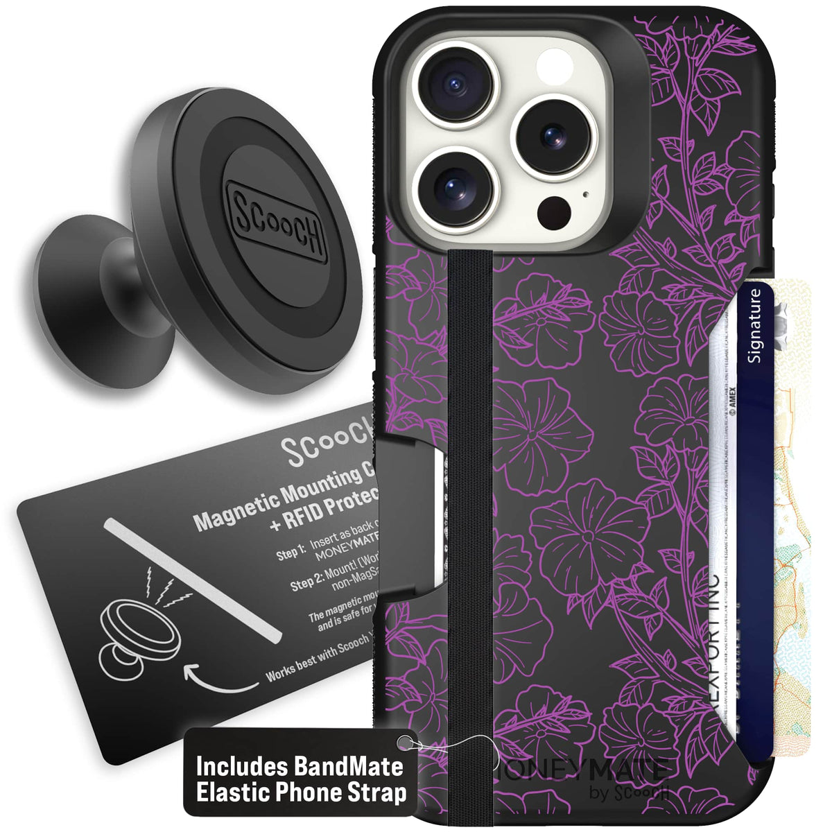 Moneymate - iPhone 16 Pro - Purple Petunias - Starter Bundle