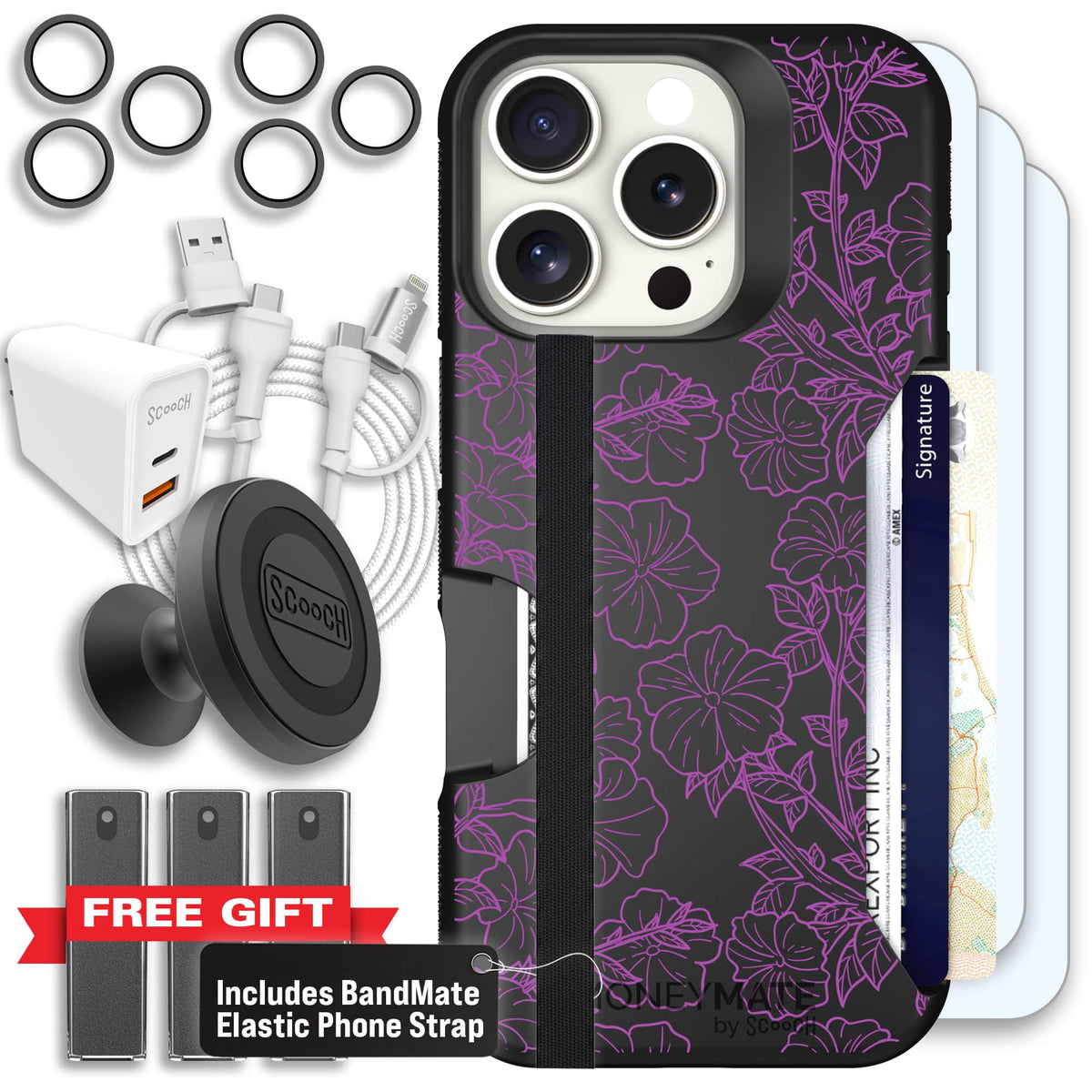 Moneymate - iPhone 16 Pro - Purple Petunias - Ultimate Bundle
