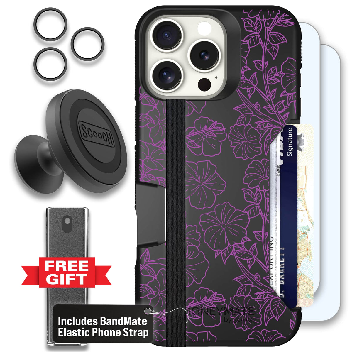 Moneymate - iPhone 16 Pro Max - Purple Petunias - Defender Bundle