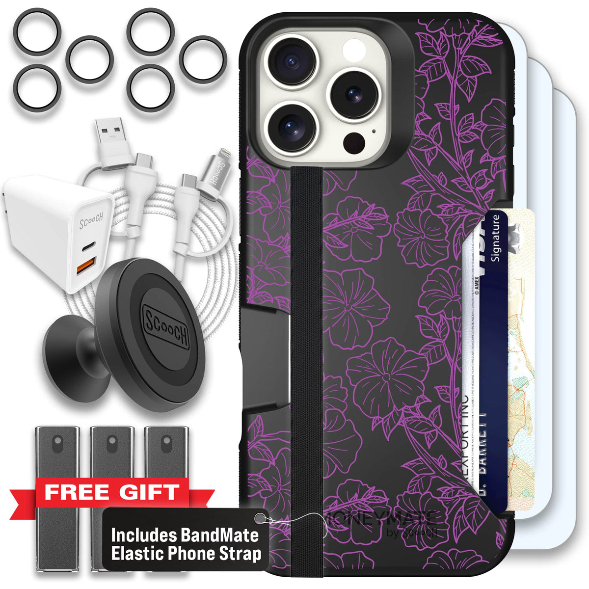 Moneymate - iPhone 16 Pro Max - Purple Petunias - Ultimate Bundle