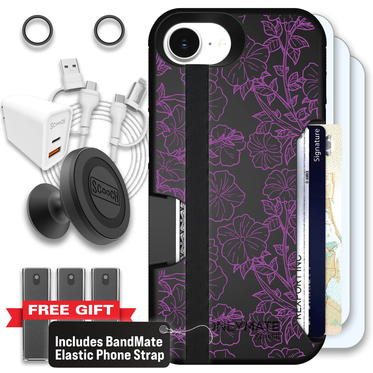 Moneymate - iPhone 16e - Purple Petunias - Ultimate Bundle