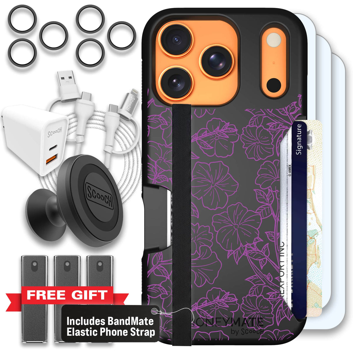 Moneymate - iPhone 17 Pro - Purple Petunias - Ultimate Bundle