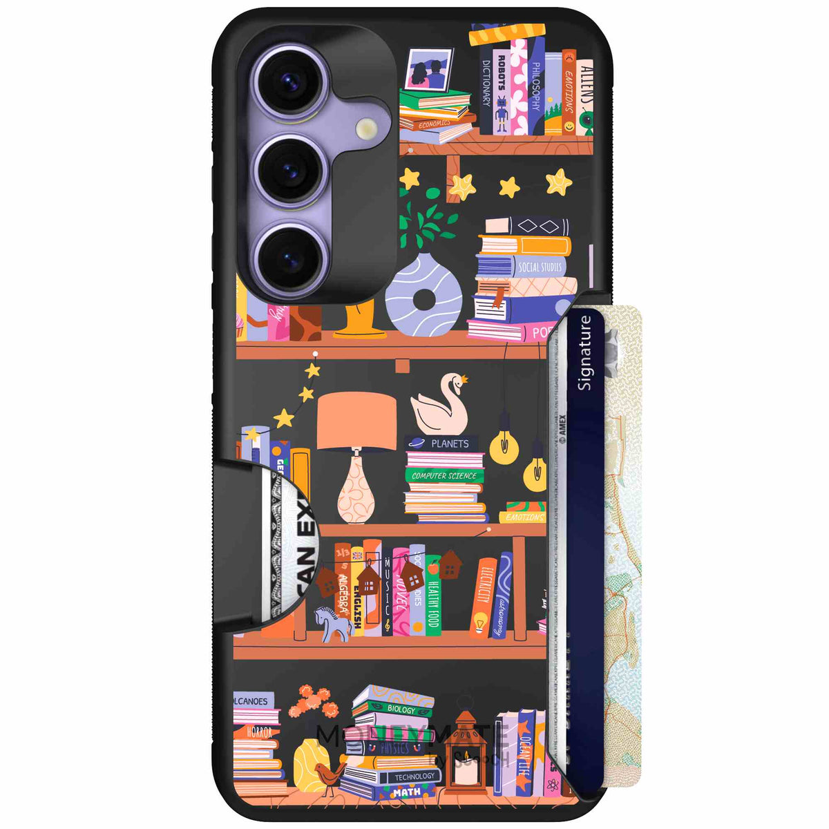 Little Library colorful book and bookshelf pattern on a scoochzza Moneymate case for Galaxy S25