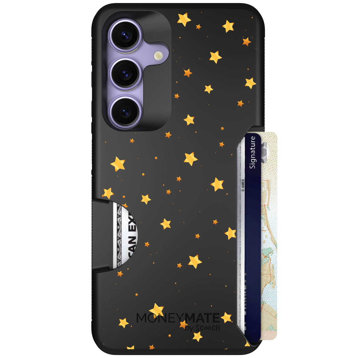 Gold Stars yellow and gold star pattern on a charcoal scoochzza Moneymate case for Galaxy S25