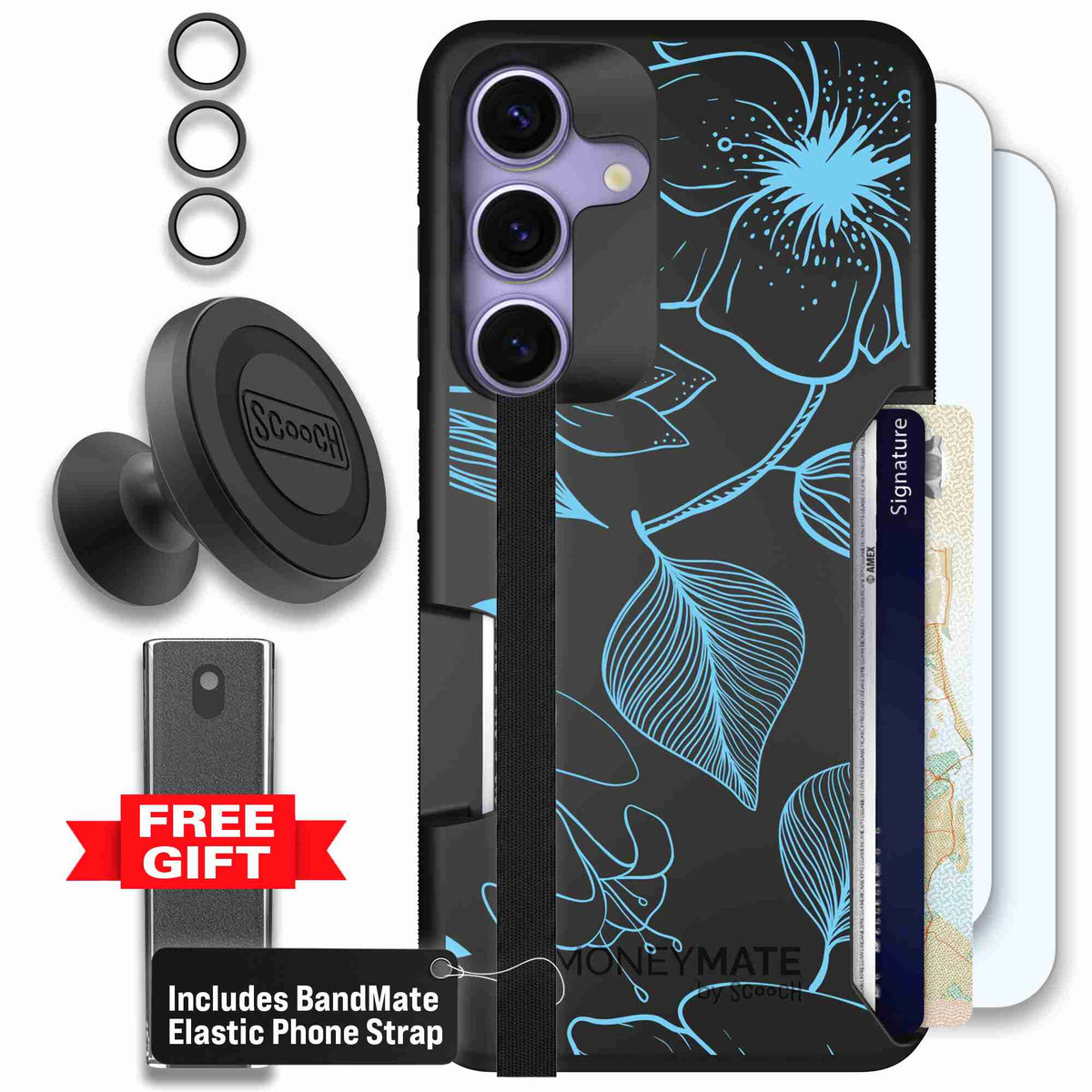 Blue Hibiscus cyan-blue tropical flower pattern on a charcoal scoochzza Moneymate case for Galaxy S25 - Defender Bundle