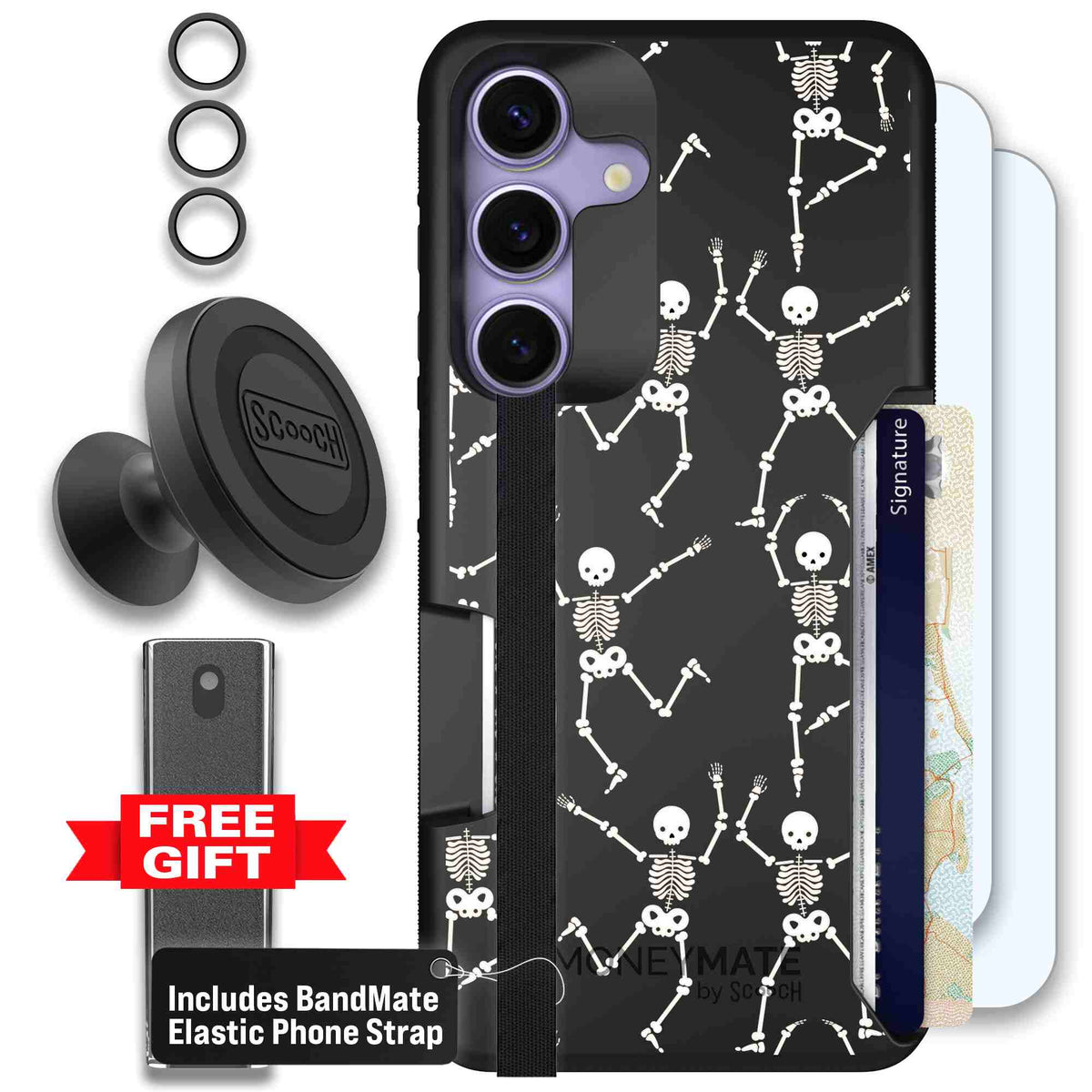 Swinging Skeletons white dancing skeleton pattern on a black scoochzza Moneymate case for Galaxy S25 - Defender Bundle