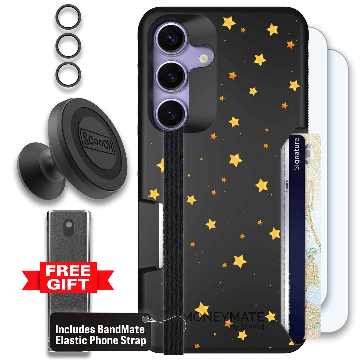 Gold Stars yellow and gold star pattern on a charcoal scoochzza Moneymate case for Galaxy S25 - Defender Bundle
