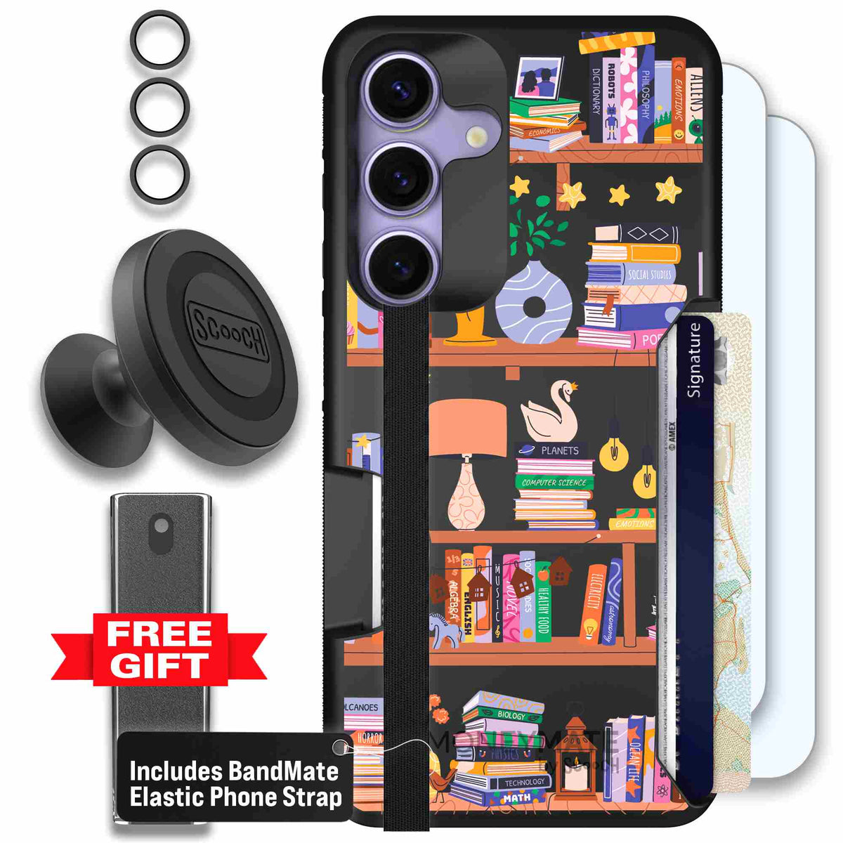 Little Library colorful book and bookshelf pattern on a scoochzza Moneymate case for Galaxy S25 - Defender Bundle