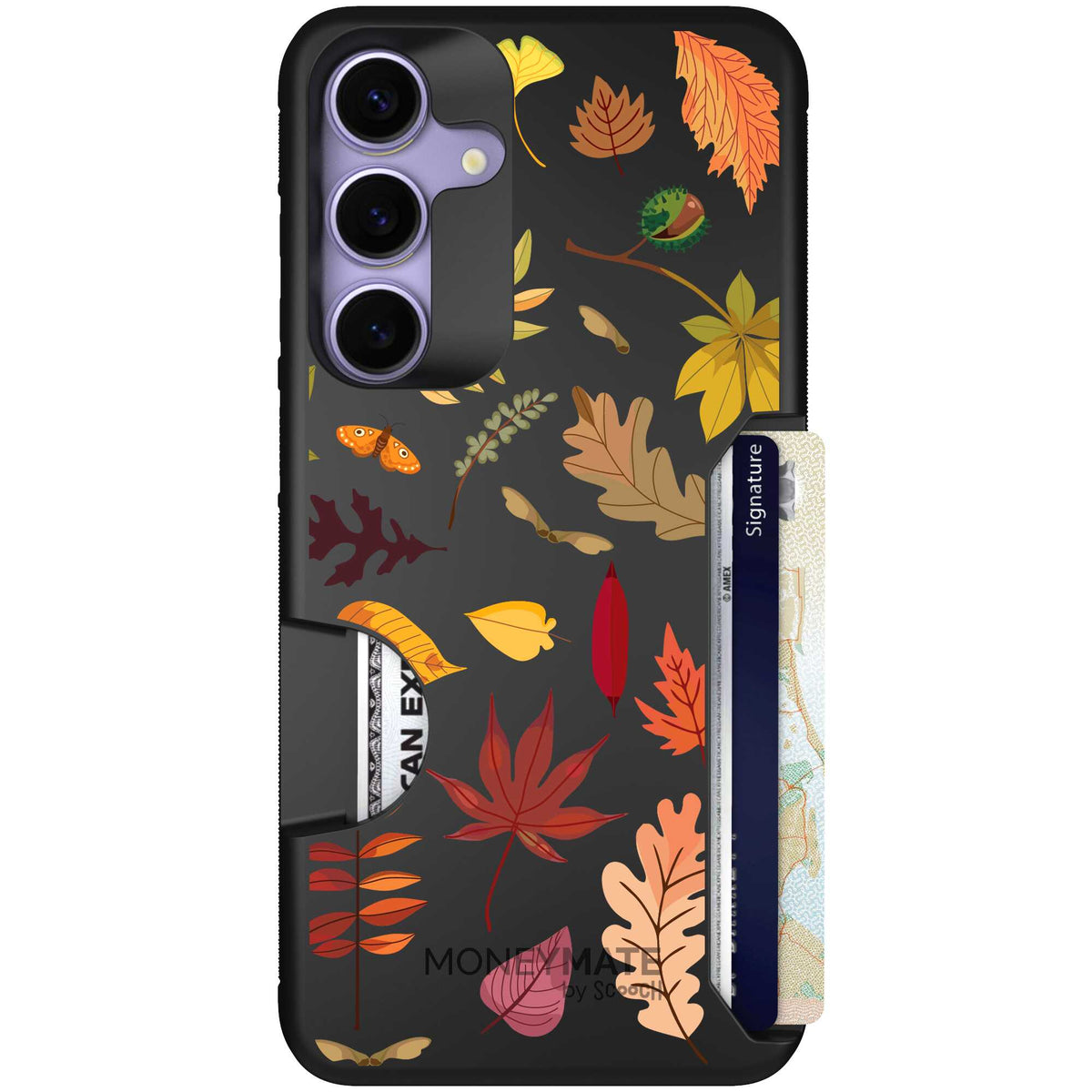 Autumn Leaves multicolored fall foliage pattern on a charcoal scoochzza Moneymate case for Galaxy S25+