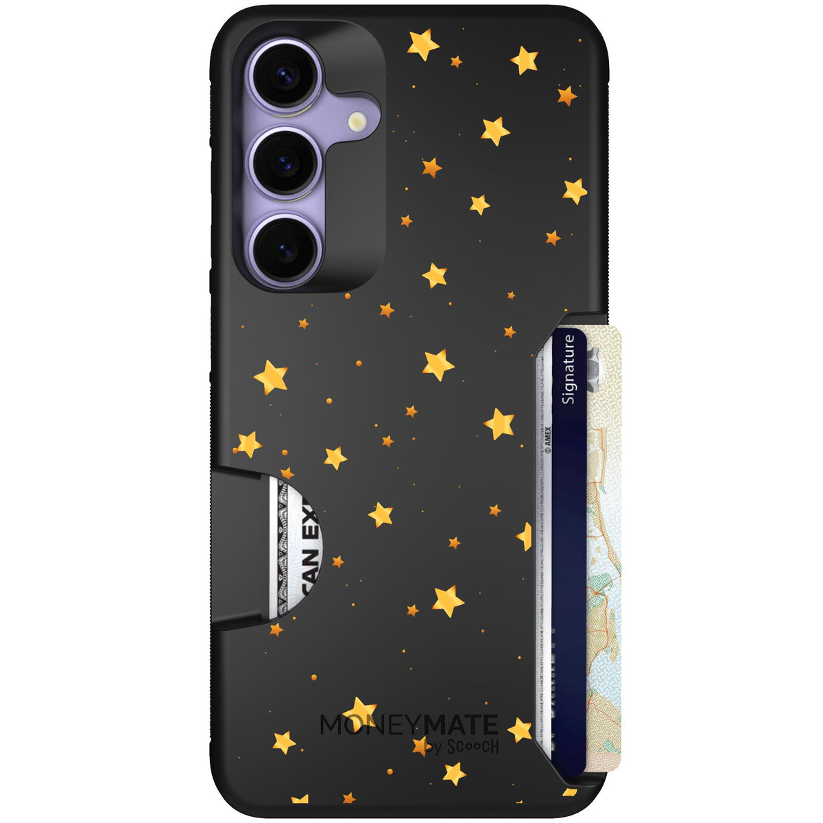 Gold Stars yellow and gold star pattern on a charcoal scoochzza Moneymate case for Galaxy S25+