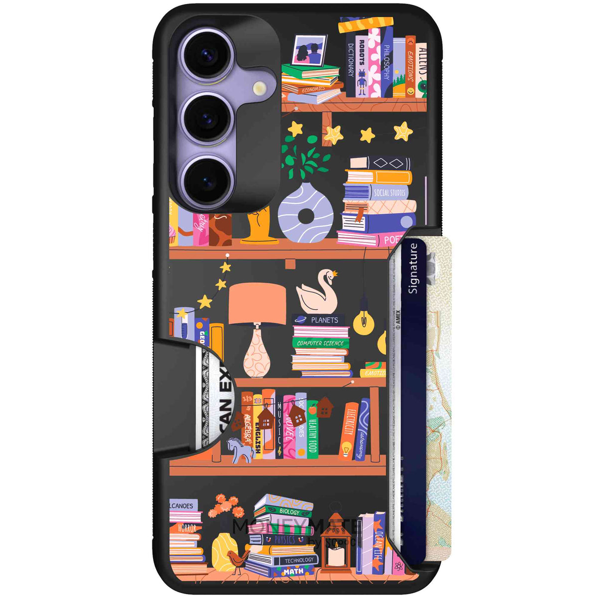 Little Library colorful book and bookshelf pattern on a scoochzza Moneymate case for Galaxy S25+