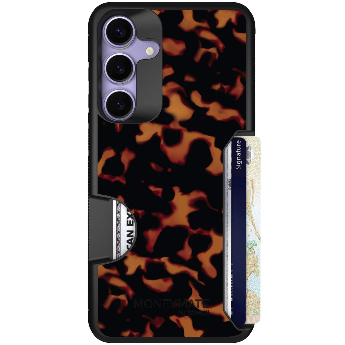 Tortoise Shell amber brown and black mottled pattern on a scoochzza Moneymate case for Galaxy S25+