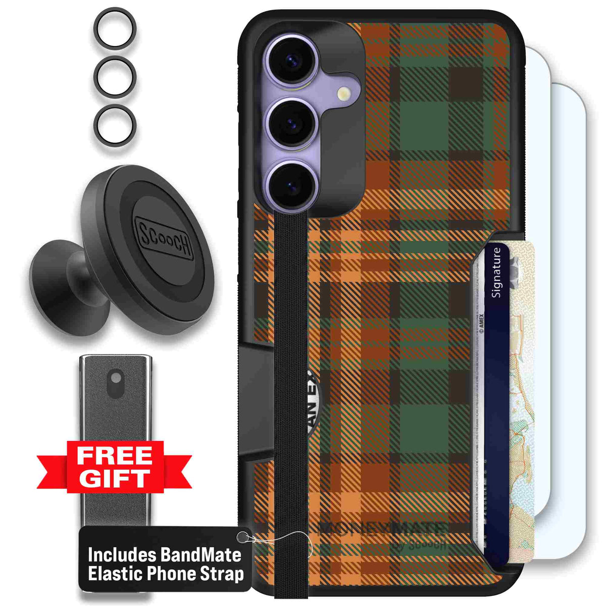 Fall Flannel orange and brown plaid pattern on a scoochzza Moneymate case for Galaxy S25+ - Defender Bundle