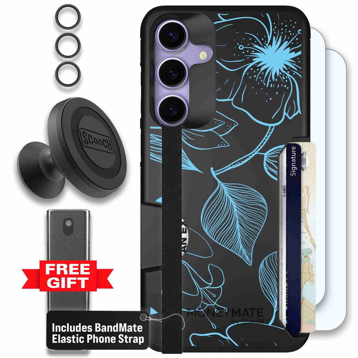 Blue Hibiscus cyan-blue tropical flower pattern on a charcoal scoochzza Moneymate case for Galaxy S25+ - Defender Bundle
