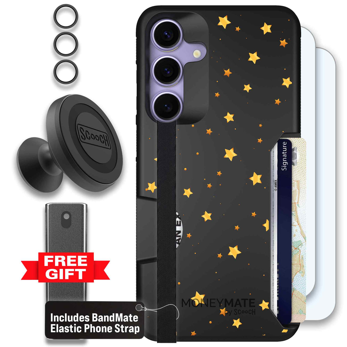 Gold Stars yellow and gold star pattern on a charcoal scoochzza Moneymate case for Galaxy S25+ - Defender Bundle