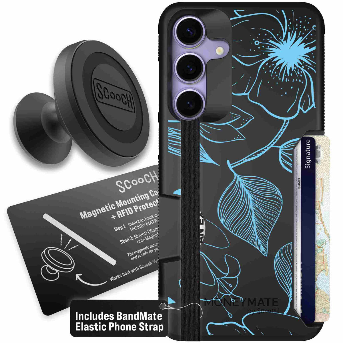 Blue Hibiscus cyan-blue tropical flower pattern on a charcoal scoochzza Moneymate case for Galaxy S25+ - Starter Bundle
